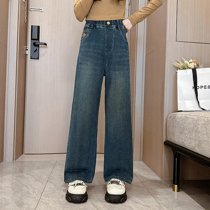 New 2024 Teenage Girls Blue Street Cartoon Print Elastic Mid Waist Loose Denim Jeans Spring Fashion Children Cute Wide Leg Pants Good Vibrations