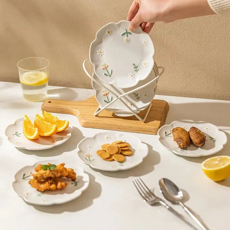 YWDL 6inch Flower Ceramic Dinner Plate Kitchen Relief Frosted Plate For Pasta, Bread, Dessert Restaurant Tableware Dish Good Vibrations