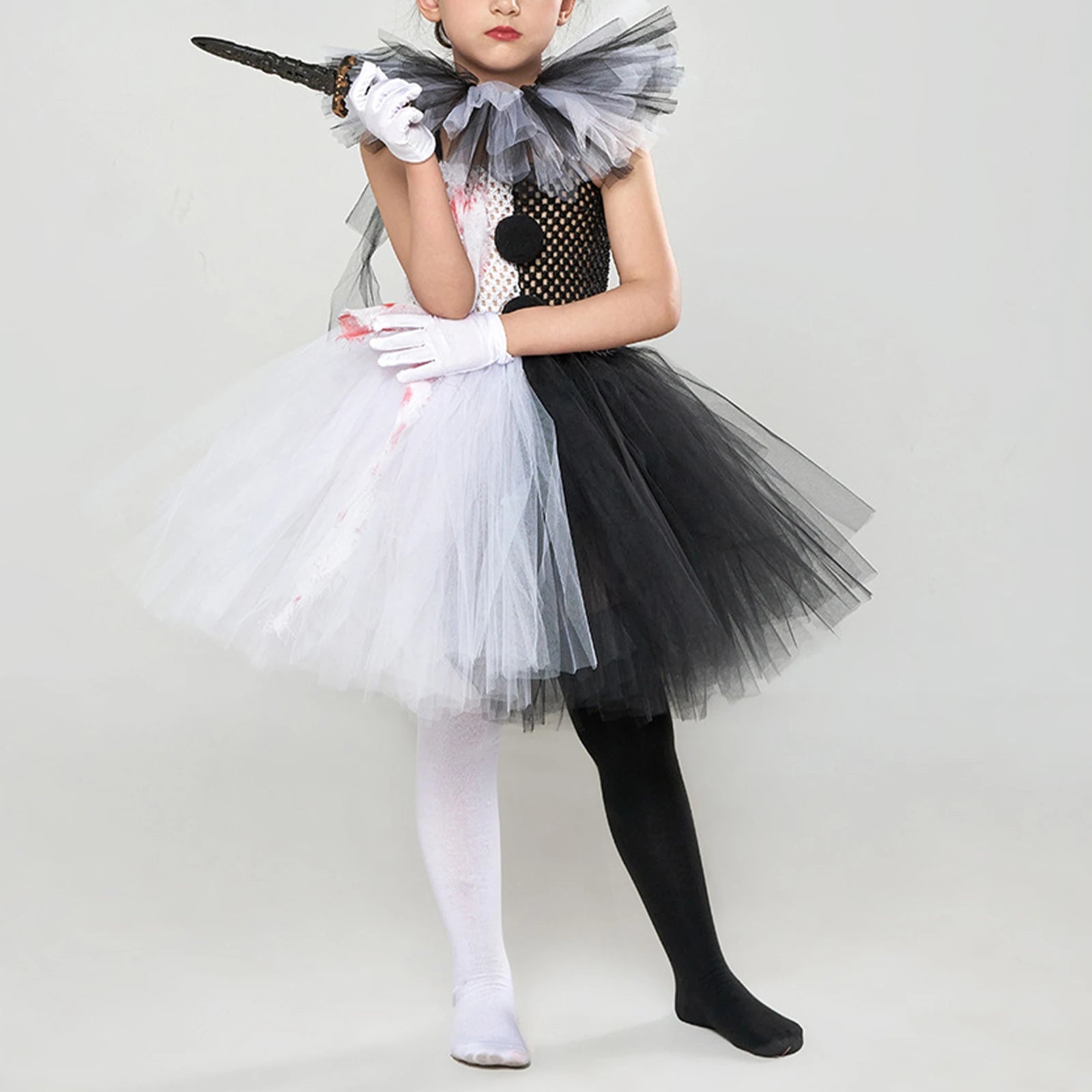 Halloween Clown Dress Bloodstained Black and White Colorblocking Girls Cosplay TUTU Dress Costume Good Vibrations