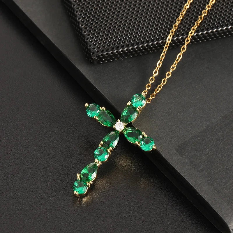 Classic Bright Jewelry Cross Necklace Fashion Personality Innovative Colorful Water Drop Geometric Cross Pendant Lucky Gift Good Vibrations