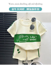 2024 New Kids Short Sleeve Suit Striped Girls Boys Set Summer Tops +short Baby Clothes Children's Wear Good Vibrations