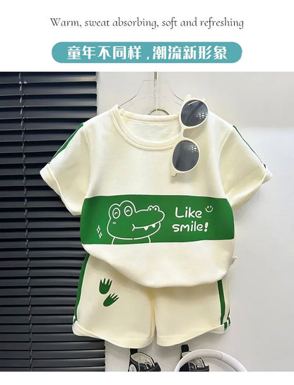 2024 New Kids Short Sleeve Suit Striped Girls Boys Set Summer Tops +short Baby Clothes Children's Wear Good Vibrations