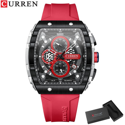 CURREN Sports Unique Rectangular Watches with Large Dial Casual Quartz Silicone Bands Wristwatches with Auto Date Good Vibrations