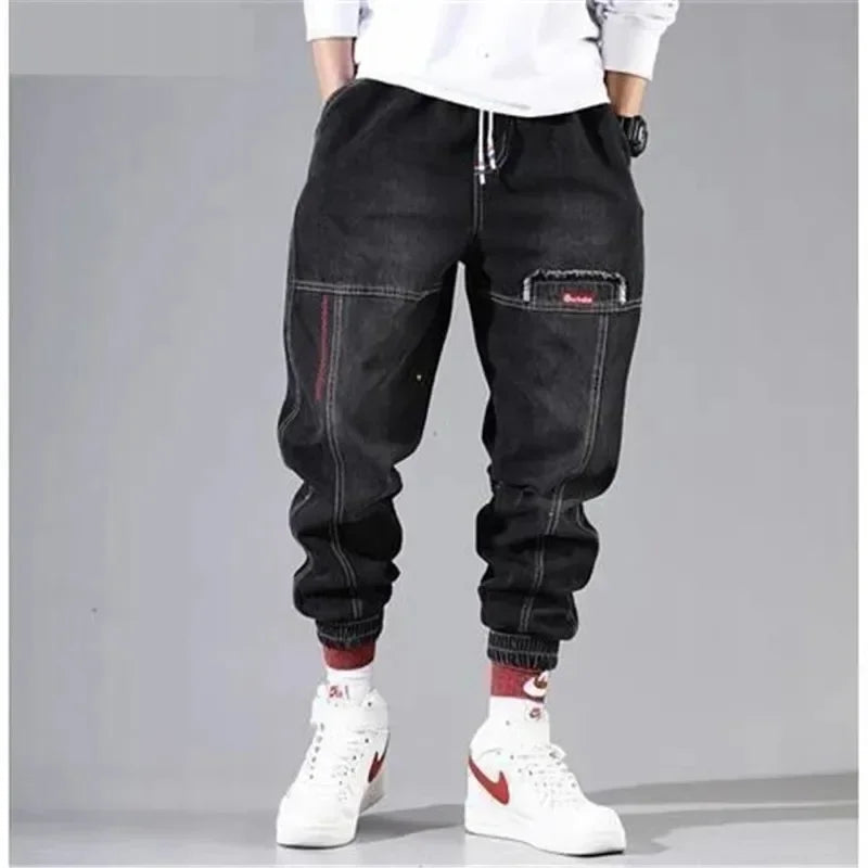 S-5XL Baggy Denim Pants for Men Autumn/winter Trendy Loose Cargo Jeans Casual Korean Slim Legged Male Hip-Hop Capri Pants Blue Good Vibrations