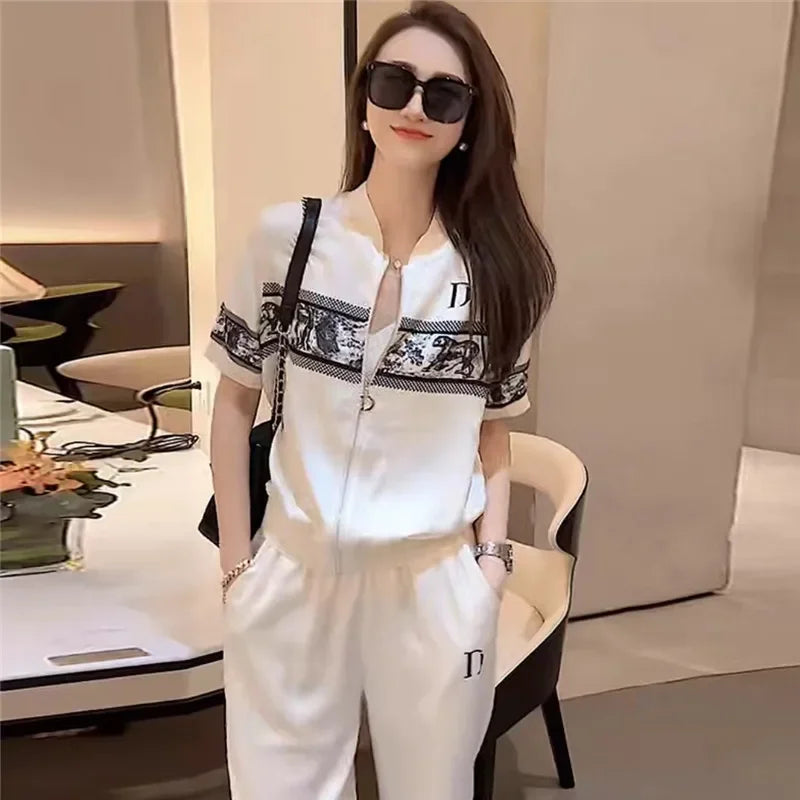 Summer Sporty Casual Women's Short Sleeve Two-Piece Set Trendy White Open Cardigan And Loose Pants Street Style Outfit Good Vibrations