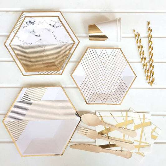 White Theme Wedding Party Gold Stripe Paper Plates Cups Napkins Children Adults Birthday Tableware Baby Shower Party Decorations Good Vibrations