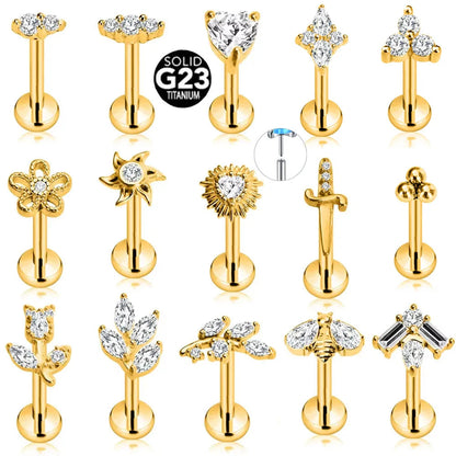 ASTM F136 G23 Titanium Flower Petals Star Heart Butterfly Threadless Piercing Pin Push in Labret Daith Conch Earring 16G 18G 20G Good Vibrations