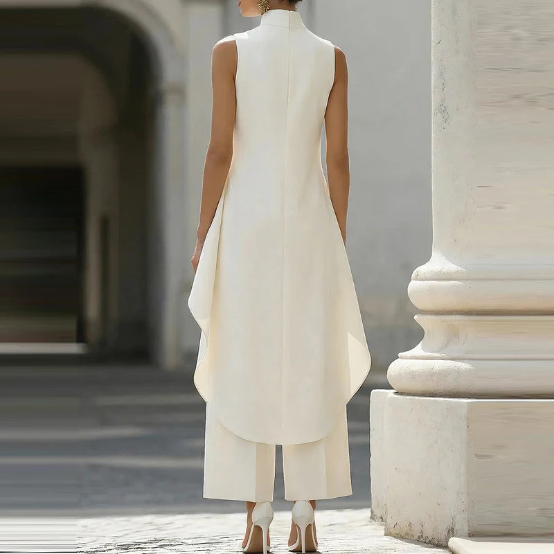 Women's Summer Office Outfits Casual Irregular Two Piece Sets Spring Elegant O Neck Sleeveless Tank Top & Wide Leg Trousers Suit Good Vibrations