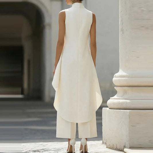 Women's Summer Office Outfits Casual Irregular Two Piece Sets Spring Elegant O Neck Sleeveless Tank Top & Wide Leg Trousers Suit Good Vibrations
