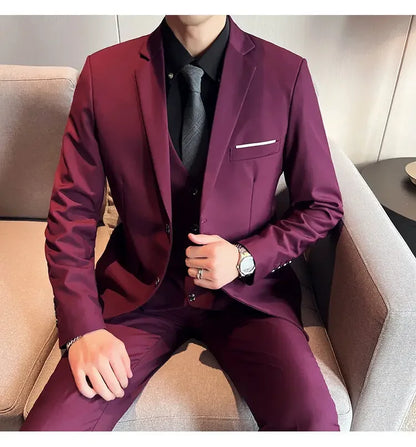 Suit (suit +Vest+Pants) Formal Business Men Four Seasons Professional Fashion Gentleman Solid Color Outdoor British Style Suit