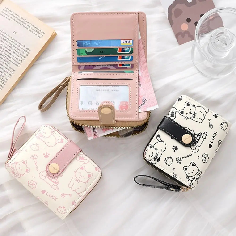 Cute Cat Coin Purse Women Fashion Short Wallet PU Leather Large Capacity Wallet Lightweight ID Card Holder Travel Cash Coin Bag Good Vibrations