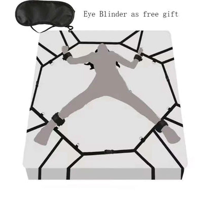 BDSM bed restraint system with nylon handcuffs and ankle cuffs for couples games.