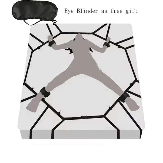 BDSM bed restraint system with nylon handcuffs and ankle cuffs for couples games.