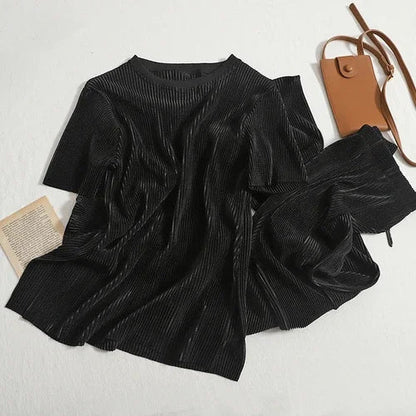Two-piece Set Casual Pants Suit Female 2026 Summer New Temperament O Neck T-shirt  + High Waist Slit Wide Leg Pants Womens Good Vibrations
