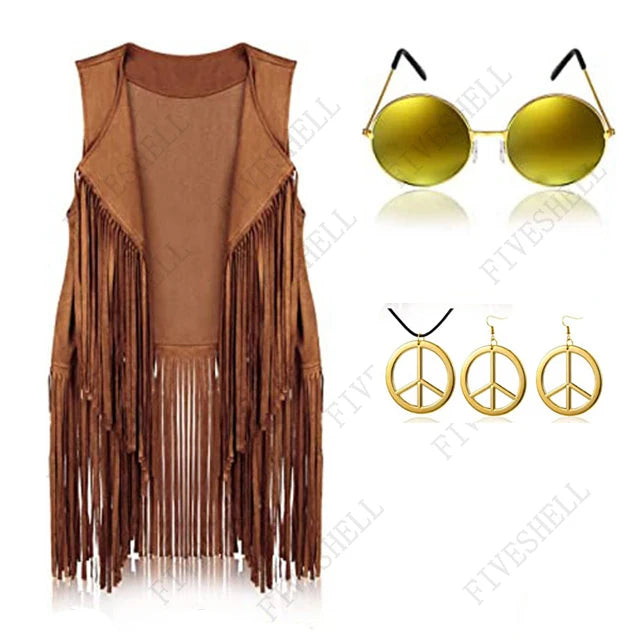 Halloween Hippie Costume Women's Set for Carnival 70s Clothing Accessories Six-Piece Set Tassel Vest+Pants+Headband Set Good Vibrations