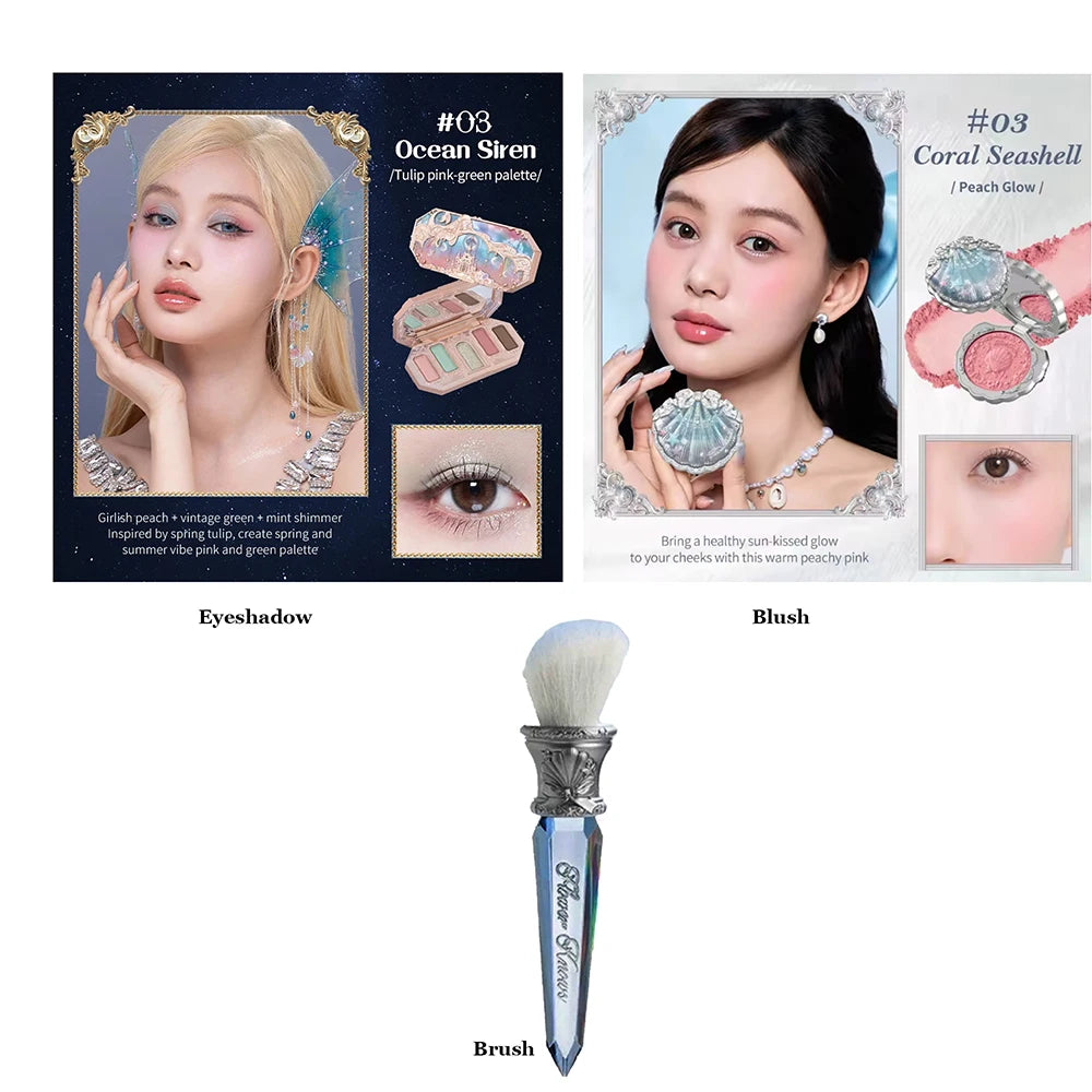 Flower Knows Moonlight Mermaid Series Glitter Eyeshadow Palette High Pigment Shell Jewelry Blush Makeup Brush Set Matte Finish Good Vibrations