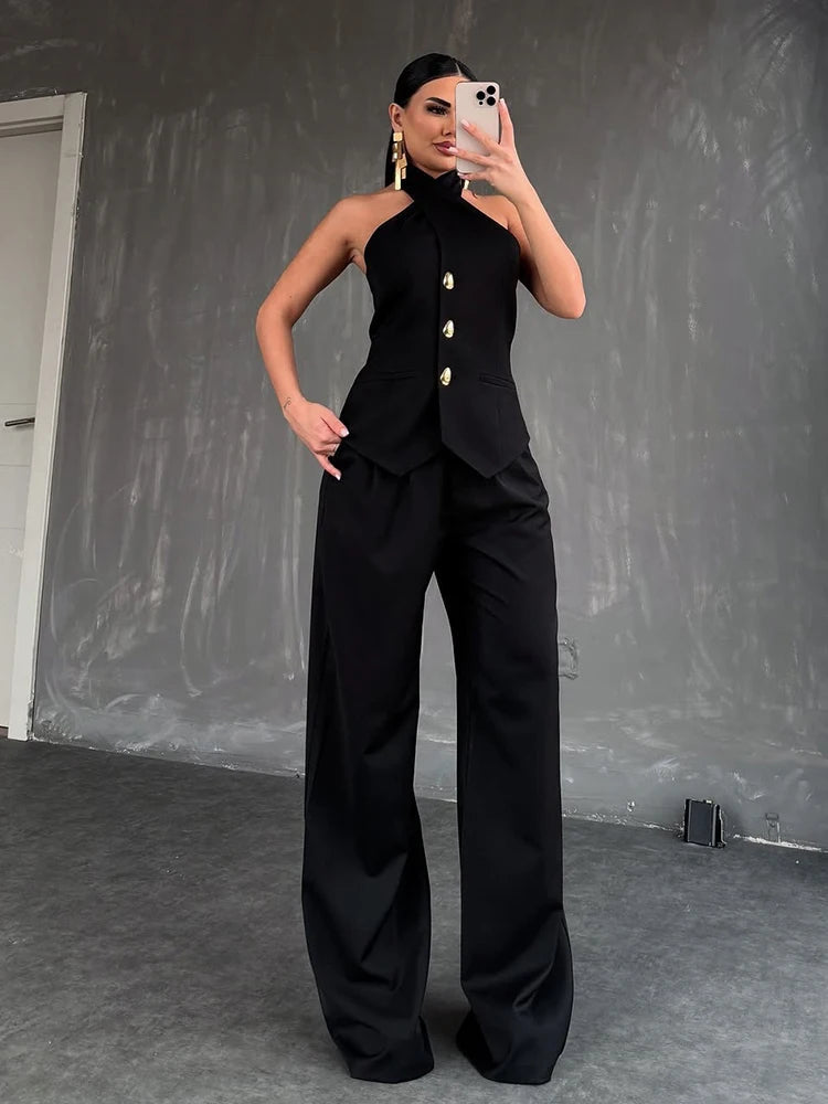 Summer Outfits for Women Halter Neck Waistcoat and High Waist Suit Pants Two Piece Set Office Wear Ladies Casual Suit Good Vibrations