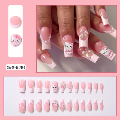 Pink French Fake Nails 3D Pink Hello Kitty, Aurora Bow, Pearl Design False Nail Medium Coffin Shaped Full Cover Press On Nails Good Vibrations