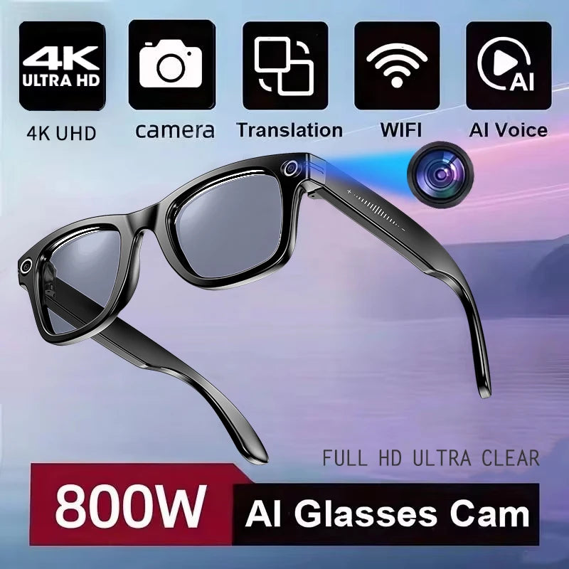 2025New Man 800W AI Smart Glasses Camera AI Translation Voice Bluetooth Call WiFi 4K HD Waterproof Anti Blue Light Women Glasses Good Vibrations