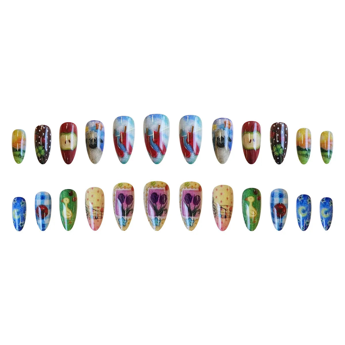 24pcs Cute Cartoon Fake Nail Tips Oil Painting Series Printed Almond Press On Nail Sweet Cool Charming False Nail For Spicy Girl Good Vibrations