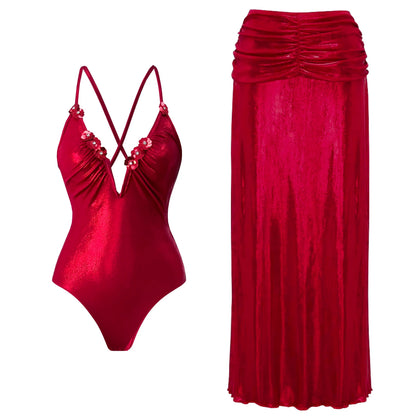 2Pcs Printed Swimsuit Women Sexy Swimwear New Bikini With Long Skirt Female Biquini Push Up Swim Suit Bodysuit Beachwear CoverUp Good Vibrations