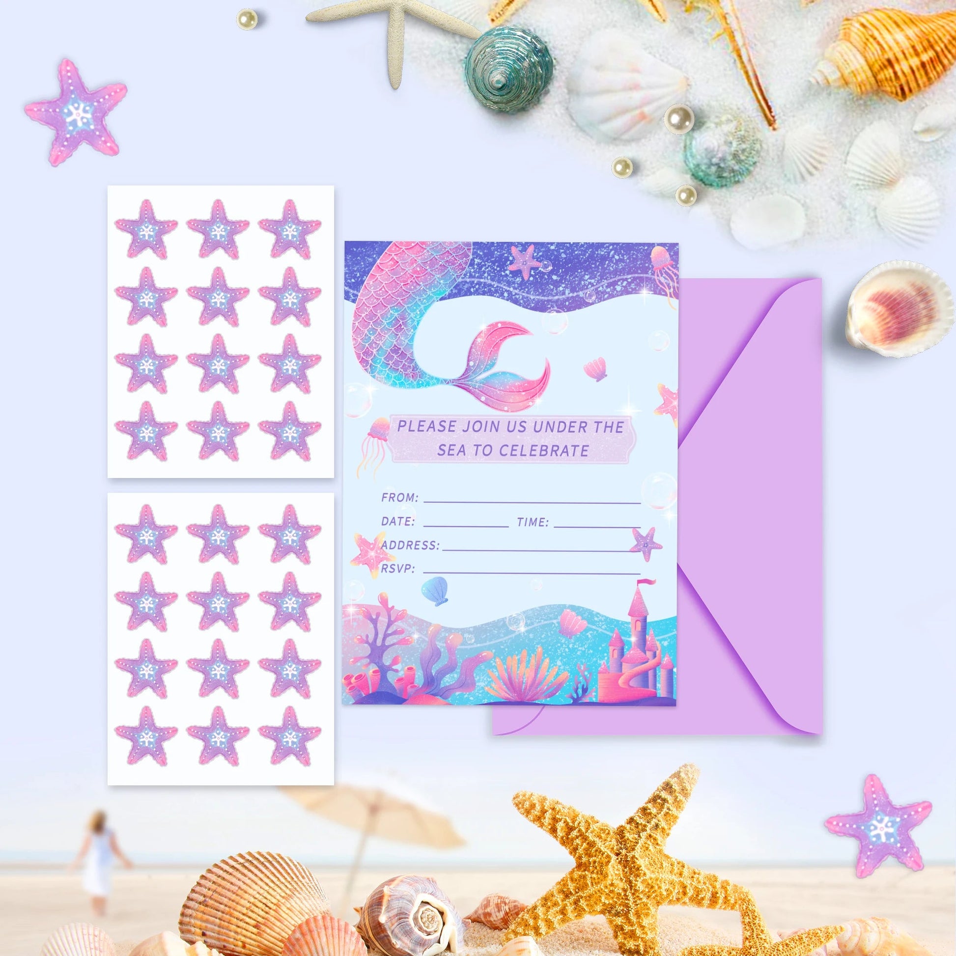 12pcs Cartoon Mermaid Shell Invitation Cards Purple Envelopes Star Stickers Girls Baby Shower Birthday Party Wedding Supplies Good Vibrations
