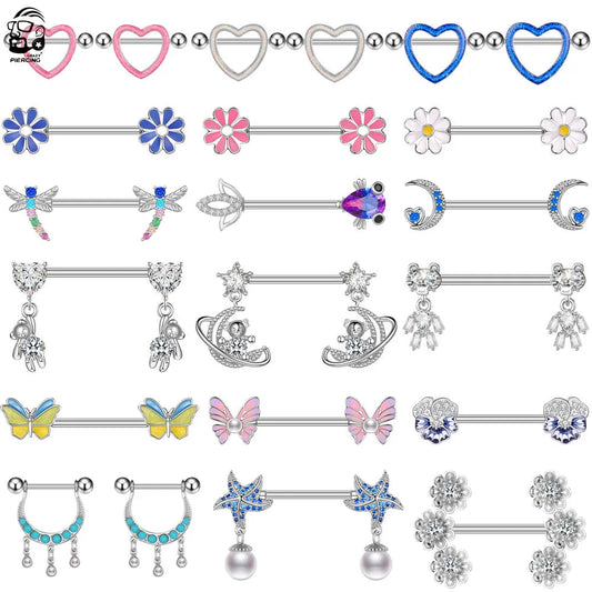 2pcs Steel Bear Dangled Zircon Nipple Piercing Sexy Breast Cover for Women Fashion Starfish Heart Shield Bar Barbell Nipple Ring Good Vibrations Adult Super Store