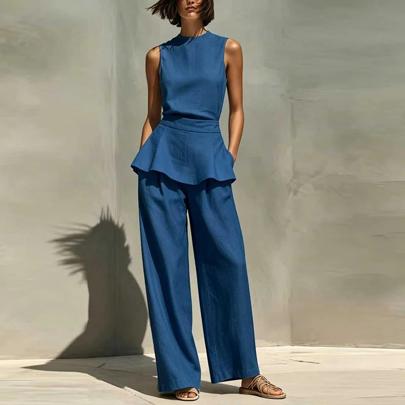 Office Lady Outfits Women Fashion Two Piece Set Summer Sleeveless O Neck Vest Sleeveless Shirt High Waist Pants Suit Work Wear Good Vibrations