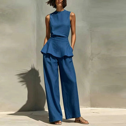 Office Lady Outfits Women Fashion Two Piece Set Summer Sleeveless O Neck Vest Sleeveless Shirt High Waist Pants Suit Work Wear Good Vibrations