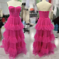 RFYR Fuschia Tiered Ruffles Tulle Prom Dresses Sweetheart Sleeveless Pleat Ruched Saudi Arabic Evening Party Gown Customized Good Vibrations