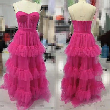 RFYR Fuschia Tiered Ruffles Tulle Prom Dresses Sweetheart Sleeveless Pleat Ruched Saudi Arabic Evening Party Gown Customized Good Vibrations