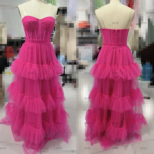 RFYR Fuschia Tiered Ruffles Tulle Prom Dresses Sweetheart Sleeveless Pleat Ruched Saudi Arabic Evening Party Gown Customized Good Vibrations