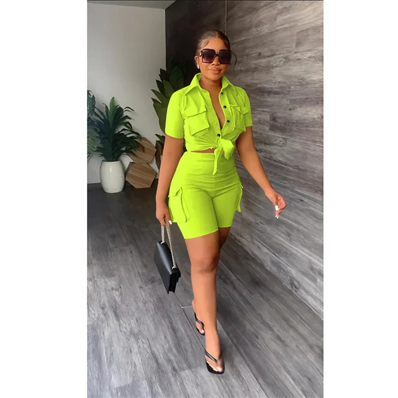 Streetwear Two Piece Set for Women Summer Outfits Pockets Short Sleeve Button-Up Shirt Top Short Sets Party Club Matching Sets Good Vibrations