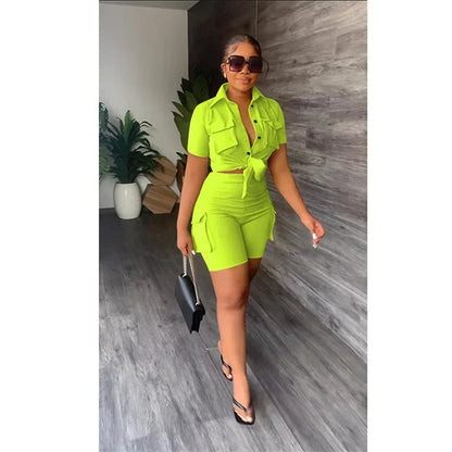 Streetwear Two Piece Set for Women Summer Outfits Pockets Short Sleeve Button-Up Shirt Top Short Sets Party Club Matching Sets Good Vibrations