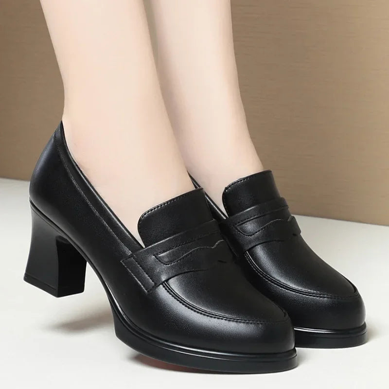 High Heels for Women 2025 Spring Slip on Pointed Toe Platform Heels Chunky Loafers Woman Black PU Leather Uniform College Shoes Good Vibrations
