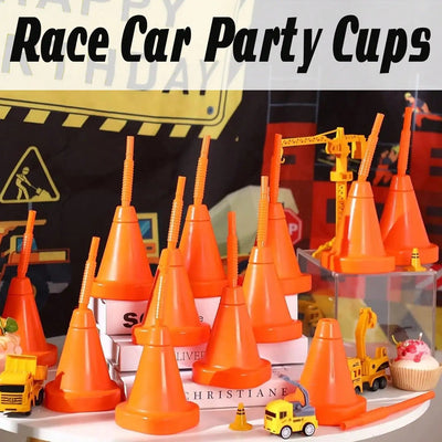 8 Plastic Racing Car Party Cup With Straw, Building Shaped Cup, Cone Party Cup, Birthday Gift, Great For Traffic Theme Party
