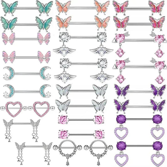1Pair Green Butterfly Nipple Piercing Jewelry 14G Pink Heart Nipple Rings for Women Flower Nipple Piercing Barbell Pezon Mujer
