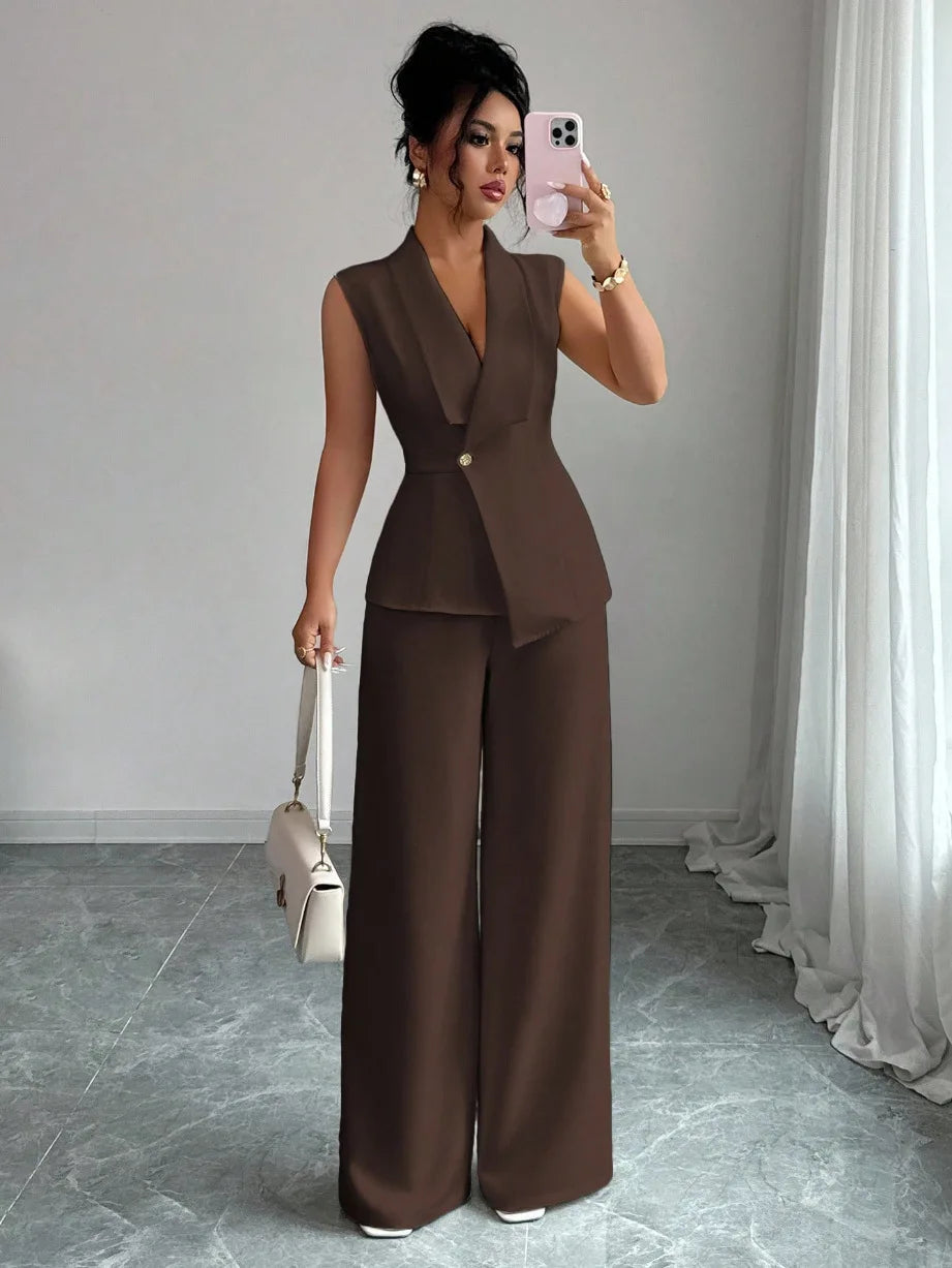 Women's Elegant 2 Piece Outfit Sleeveless V-Neck Single Button Blazer Vest and Wide Leg Pants Set Business Office Workwear Sui Good Vibrations