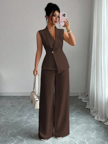 Women's Elegant 2 Piece Outfit Sleeveless V-Neck Single Button Blazer Vest and Wide Leg Pants Set Business Office Workwear Sui Good Vibrations