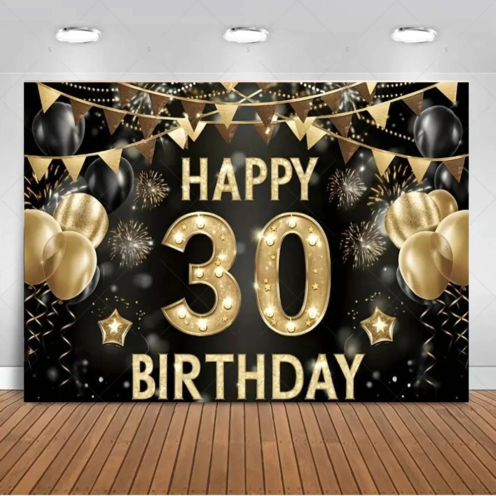 30th Birthday Party Decor Background Pink Black Gold Glitter Woman Man 30 Years Old Photography Backdrop Supplies Adult Gifts Good Vibrations