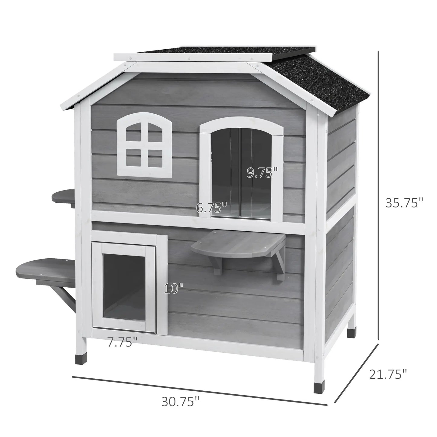 2-Story Grey Wooden Playhouse for Cats Feral Cat Shelter with Openable Asphalt Roof 4 Platforms Escape Door Outdoor Kitten Condo Good Vibrations