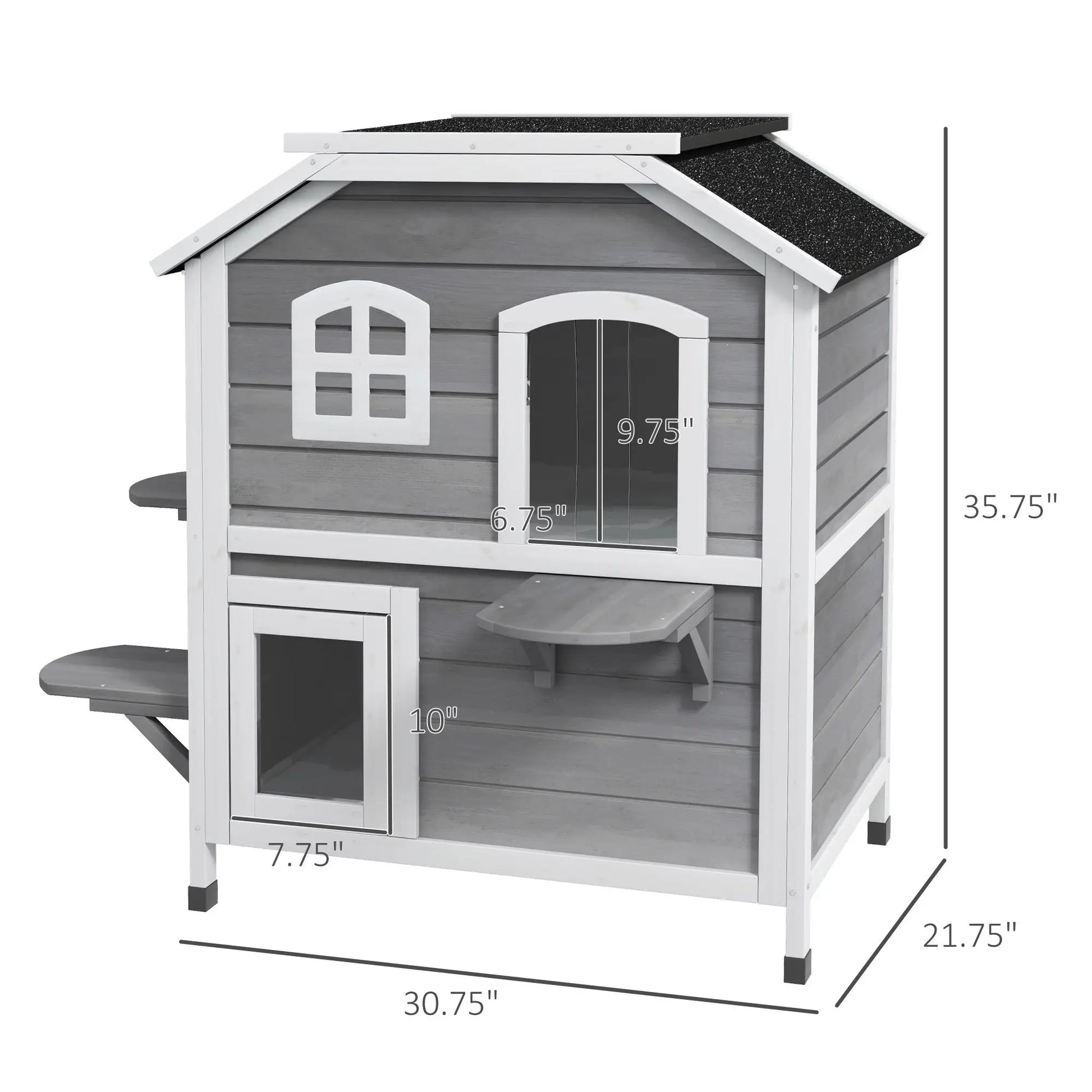 2-Story Grey Wooden Playhouse for Cats Feral Cat Shelter with Openable Asphalt Roof 4 Platforms Escape Door Outdoor Kitten Condo Good Vibrations