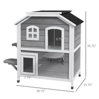 2-Story Grey Wooden Playhouse for Cats Feral Cat Shelter with Openable Asphalt Roof 4 Platforms Escape Door Outdoor Kitten Condo Good Vibrations