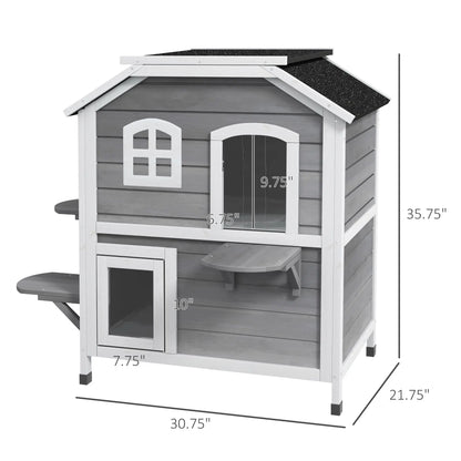 2-Story Grey Wooden Playhouse for Cats Feral Cat Shelter with Openable Asphalt Roof 4 Platforms Escape Door Outdoor Kitten Condo Good Vibrations