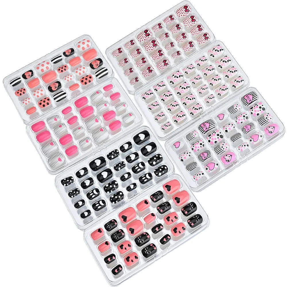 24 Pcs/box Children Cartoon Nail Tips Colorful Artificial Fake Nails for Cute Kids Girls Full Cover Short False Nail Art Kits* Good Vibrations