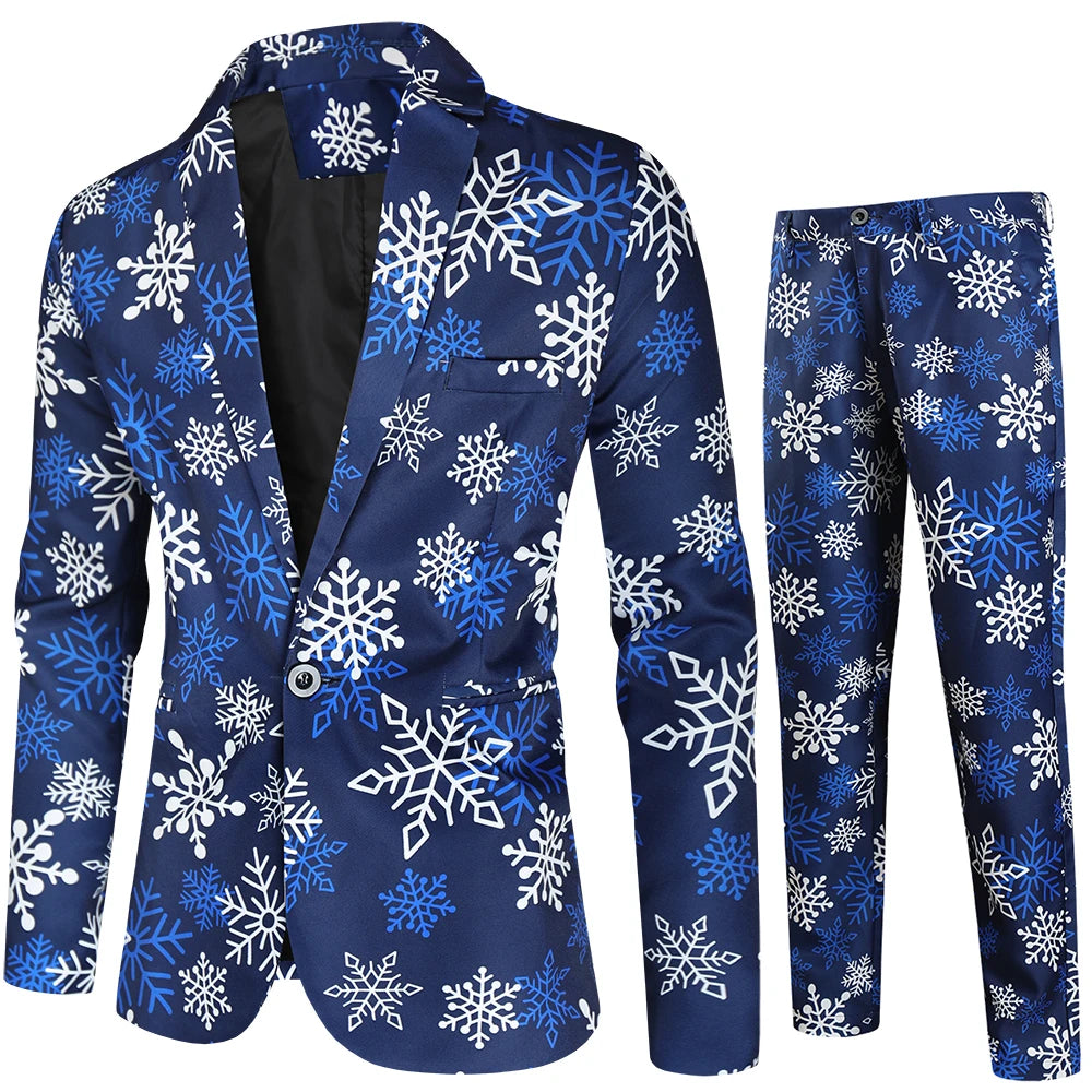 Red Printed Two-piece Men's Christmas Suit (Jacket + Pants) Stylish Male Blazer Coat with Trousers Black Green Blue S-4XL - Good Vibrations