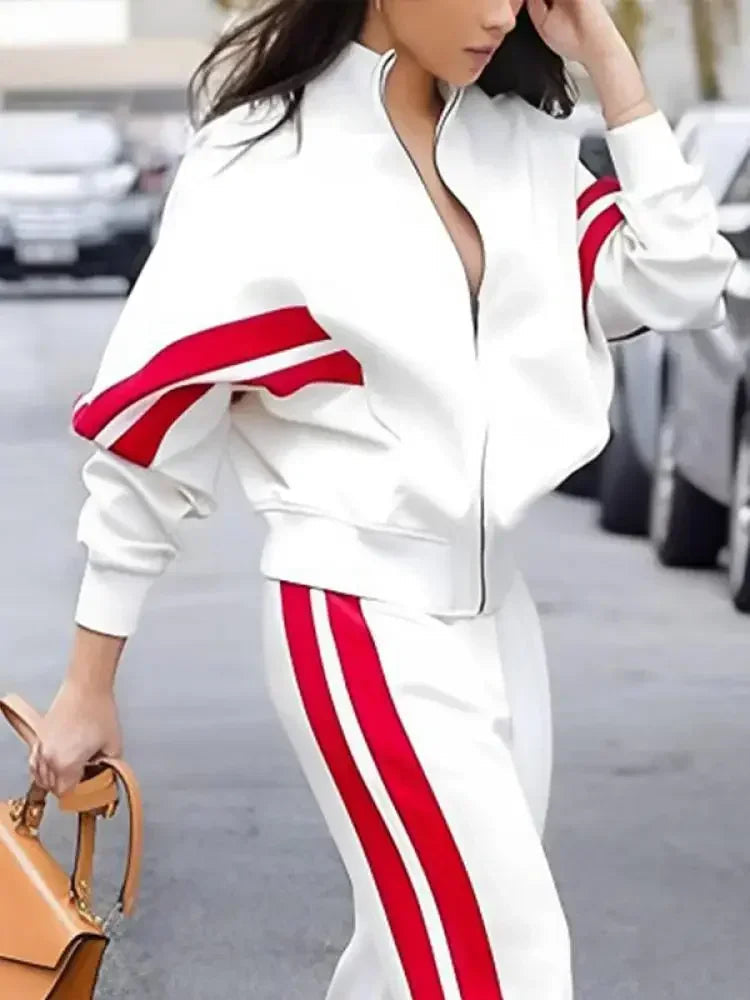 Missuoo 2024 Autumn New Side-Striped Pant Sets for Women Stand Collar Long Sleeve Jackets and High Waist Casual Straight Pants Good Vibrations