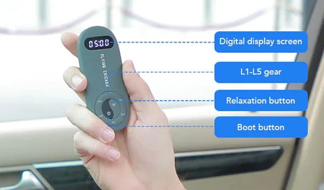Bicycle seat look-alike massager with remote control showing digital display and buttons.