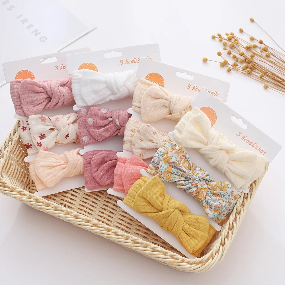 3Pcs/Set Solid Muslin Cotton Linen Baby Headband Elastic Rabbit Ear Hair Band Infant Girl Turban Headwraps Stretch Accessories Good Vibrations