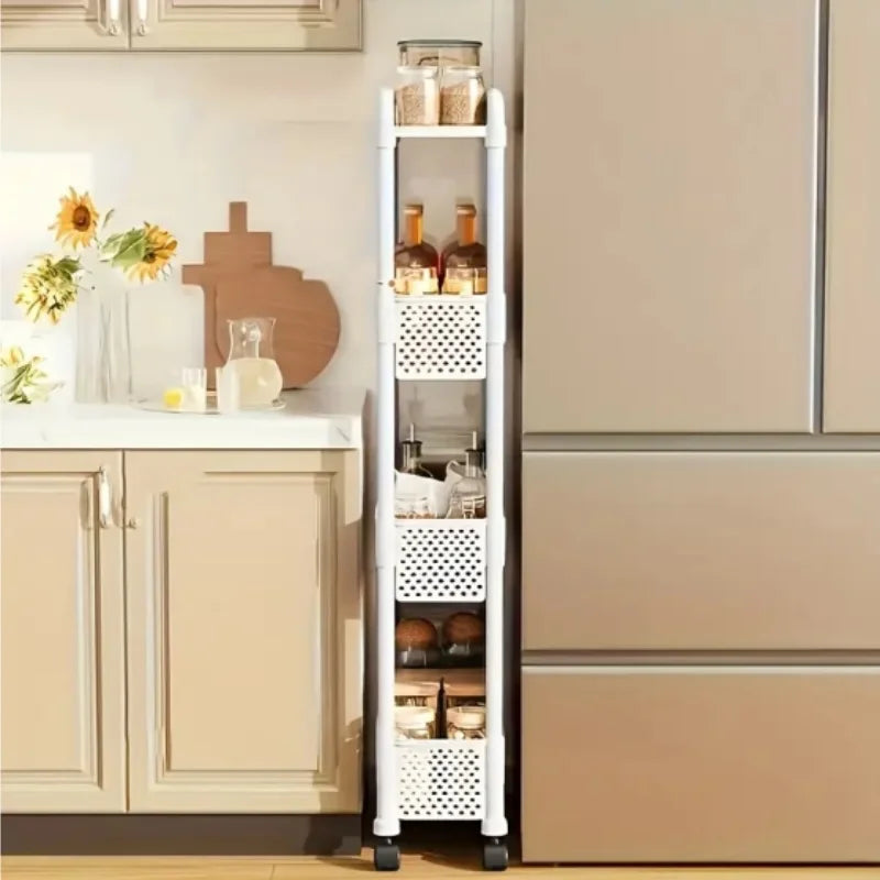 Black mobile storage unit, multi-tier practical shelving, narrow rolling storage rack. Good Vibrations